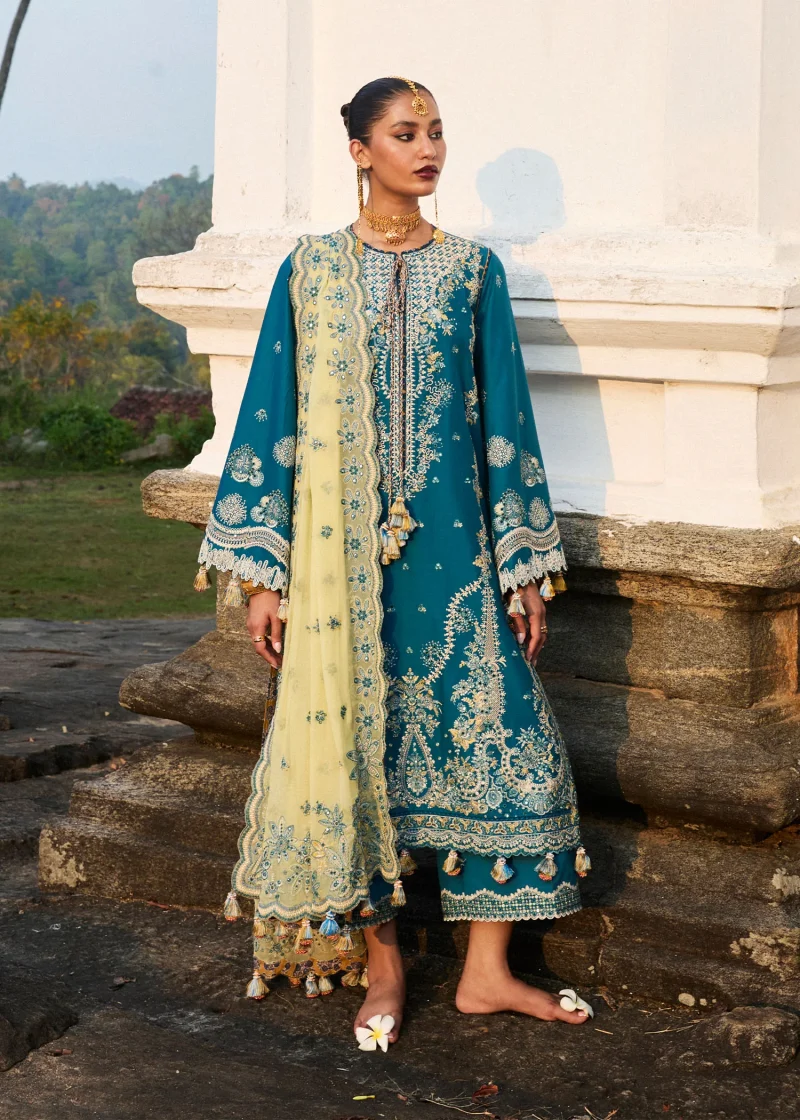 Hussain Rehar | luxury lawn25 | Teal Blue  | Unstitched | Festive wear | Eupic | 3pc set. - Image 3