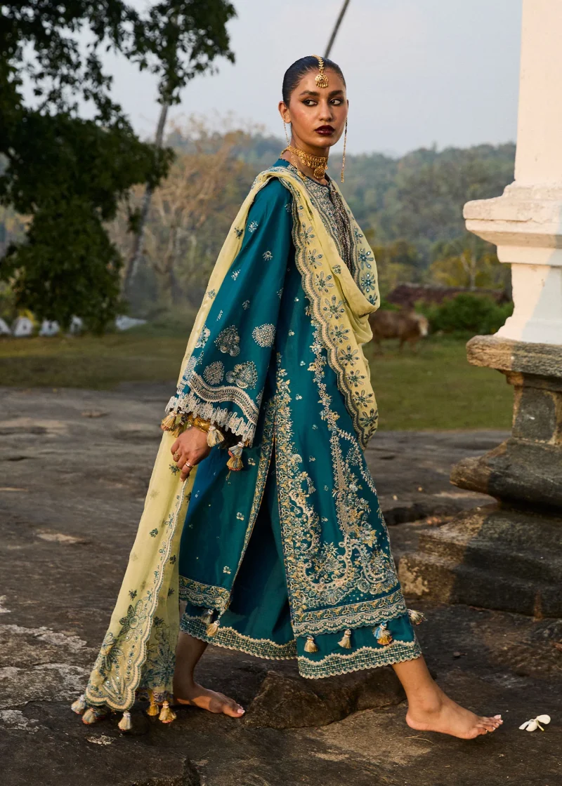 Hussain Rehar | luxury lawn25 | Teal Blue  | Unstitched | Festive wear | Eupic | 3pc set. - Image 4