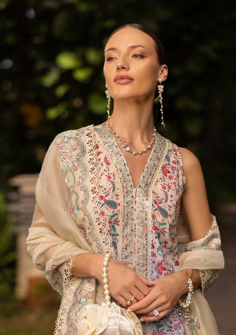 Faiza Saqlain | Zinnia Luxury Lawn 25 | Peach | Unstitched | Feastive Wear | Danica - 06 | 3 pc set. - Image 2