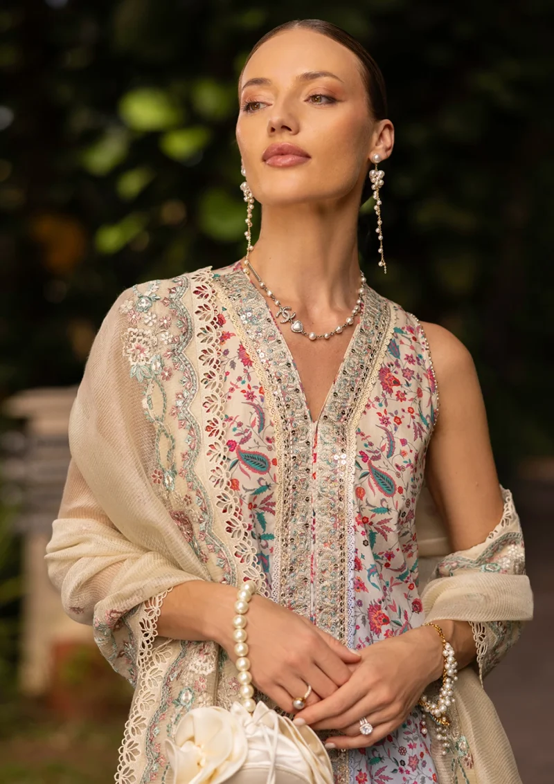 Faiza Saqlain | Zinnia Luxury Lawn 25 | Peach | Unstitched | Feastive Wear | Danica - 06 | 3 pc set. - Image 4
