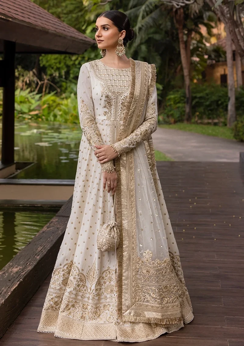 Faiza Saqlain | Zinnia Luxury Lawn 25 | Off-White & Gold | Unstitched | Feastive Wear | Lily - 07 | 3 pc set.