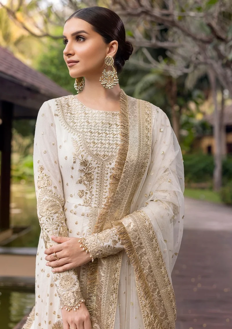 Faiza Saqlain | Zinnia Luxury Lawn 25 | Off-White & Gold | Unstitched | Feastive Wear | Lily - 07 | 3 pc set. - Image 2