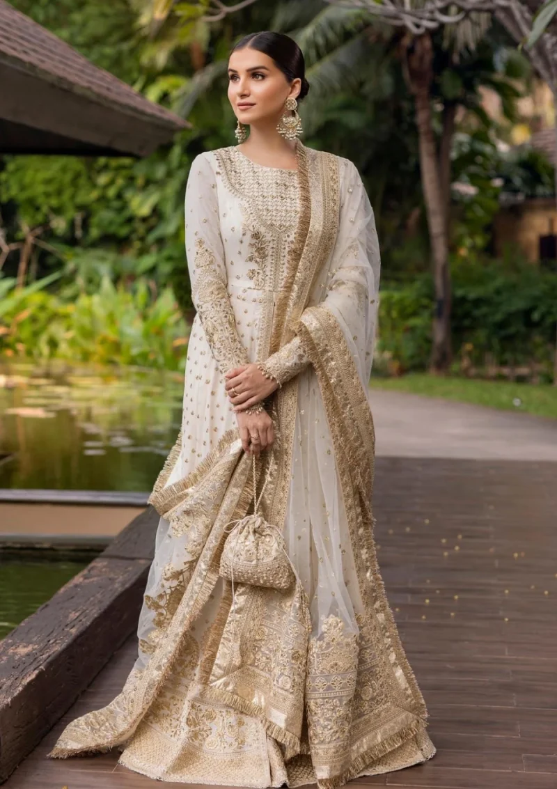 Faiza Saqlain | Zinnia Luxury Lawn 25 | Off-White & Gold | Unstitched | Feastive Wear | Lily - 07 | 3 pc set. - Image 3