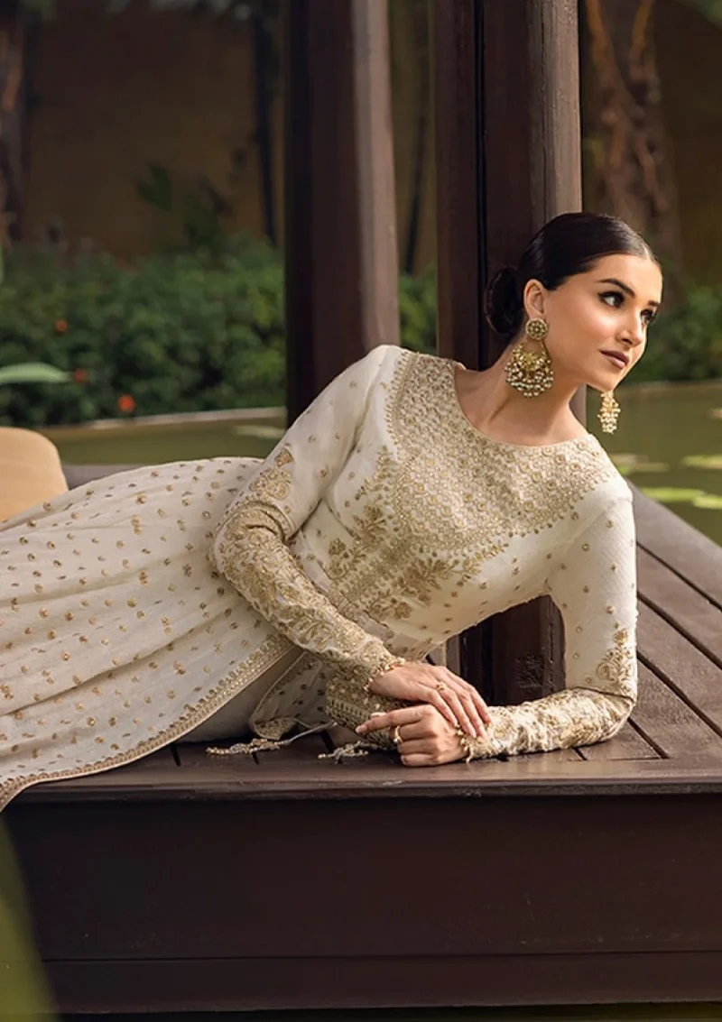 Faiza Saqlain | Zinnia Luxury Lawn 25 | Off-White & Gold | Unstitched | Feastive Wear | Lily - 07 | 3 pc set. - Image 4