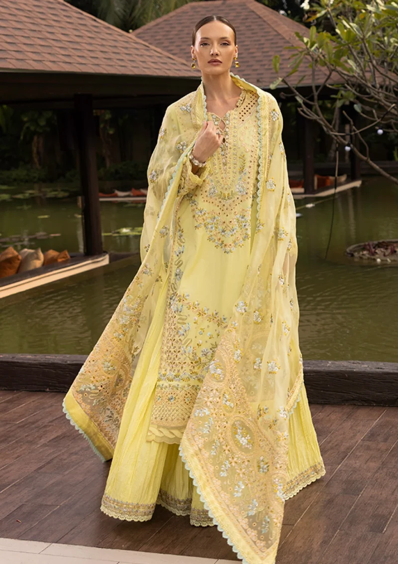 Faiza Saqlain | Zinnia Luxury Lawn 25 | Lemon Yellow | Unstitched | Feastive Wear | Azalea - 12 | 3 pc set. - Image 2