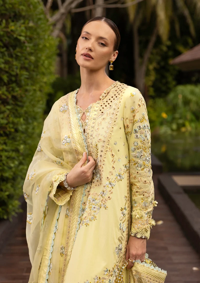 Faiza Saqlain | Zinnia Luxury Lawn 25 | Lemon Yellow | Unstitched | Feastive Wear | Azalea - 12 | 3 pc set. - Image 3