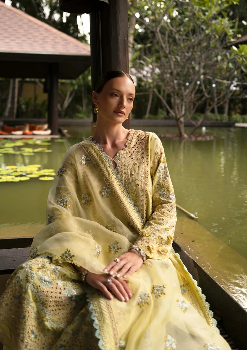Faiza Saqlain | Zinnia Luxury Lawn 25 | Lemon Yellow | Unstitched | Feastive Wear | Azalea - 12 | 3 pc set. - Image 4