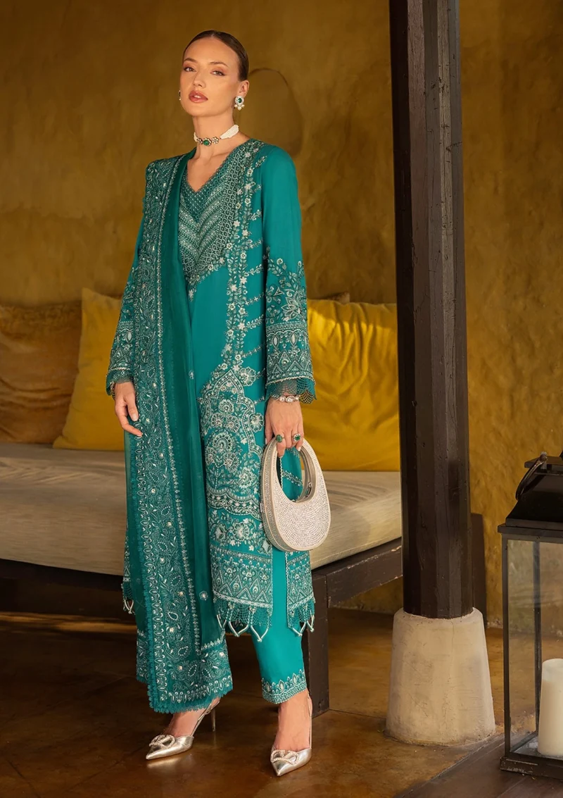 Faiza Saqlain | Zinnia Luxury Lawn 25 | Teal Green | Unstitched | Feastive Wear | Calla - 13 | 3 pc set.