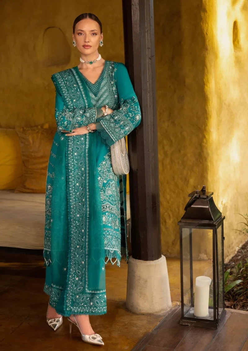 Faiza Saqlain | Zinnia Luxury Lawn 25 | Teal Green | Unstitched | Feastive Wear | Calla - 13 | 3 pc set. - Image 2