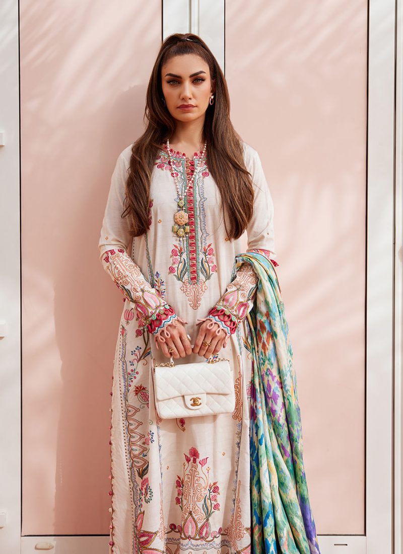 FTA | WES Luxury Lawn 25 | Unstitched | Ivory | Feastive Wear | Irene Ivory | 3 pc set. - Image 2