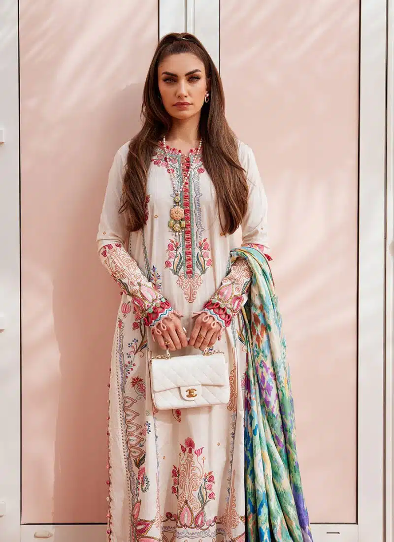 FTA | WES Luxury Lawn 25 | Unstitched | Ivory | Feastive Wear | Irene Ivory | 3 pc set. - Image 2