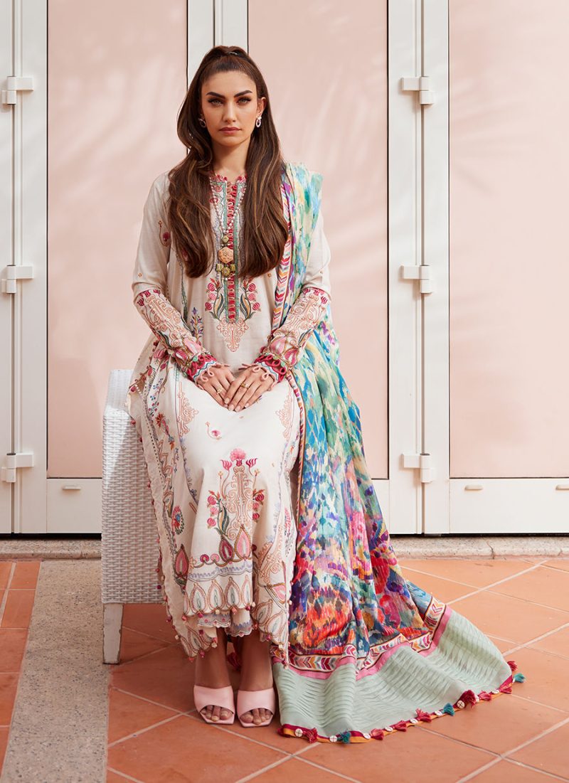 FTA | WES Luxury Lawn 25 | Unstitched | Ivory | Feastive Wear | Irene Ivory | 3 pc set. - Image 4