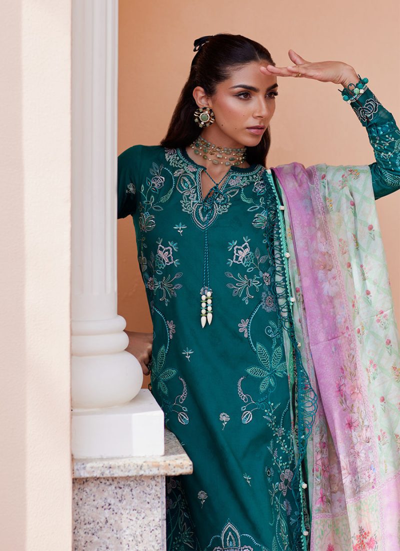 FTA | WES Luxury Lawn 25 | Unstitched | Emerald | Feastive Wear | Eileen Emerald | 3 pc set. - Image 2