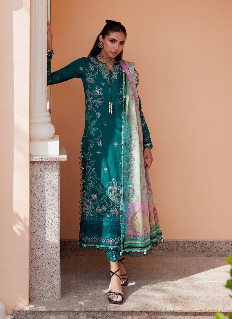 FTA | WES Luxury Lawn 25 | Unstitched | Emerald | Feastive Wear | Eileen Emerald | 3 pc set. - Image 4