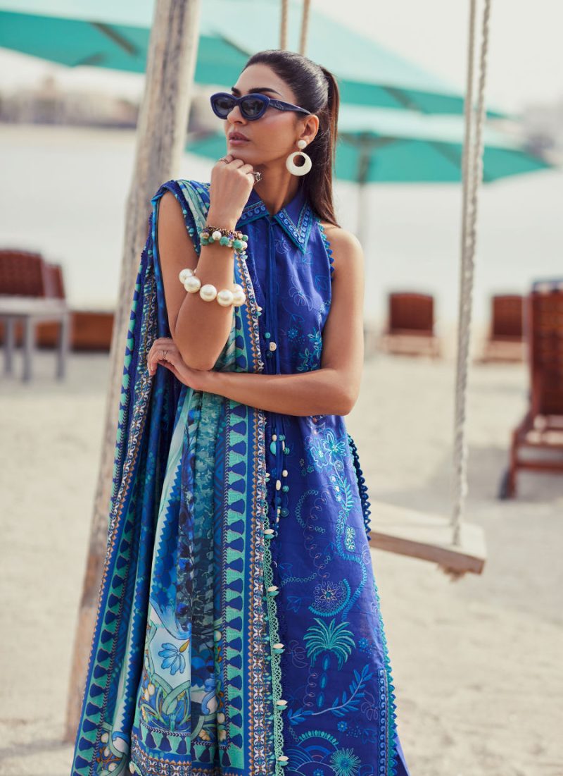 FTA | WES Luxury Lawn 25 | Unstitched | Deep Blue | Feastive Wear | Beryl Deep Blue | 3 pc set. - Image 2