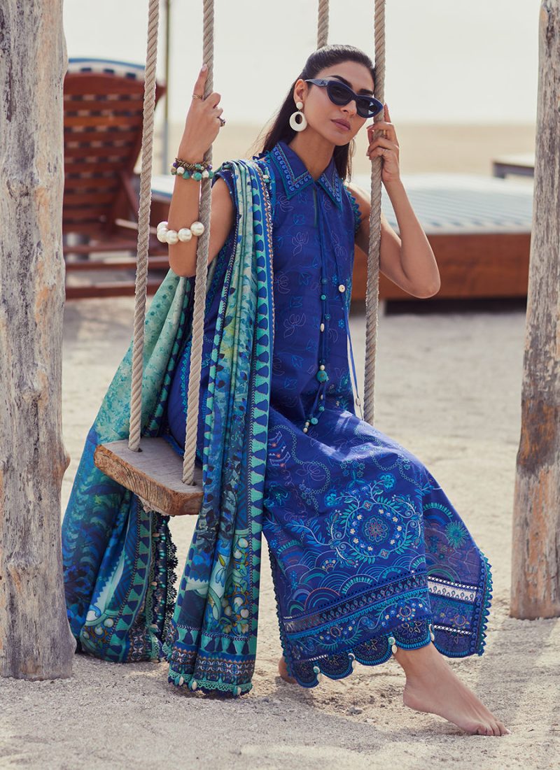 FTA | WES Luxury Lawn 25 | Unstitched | Deep Blue | Feastive Wear | Beryl Deep Blue | 3 pc set. - Image 3