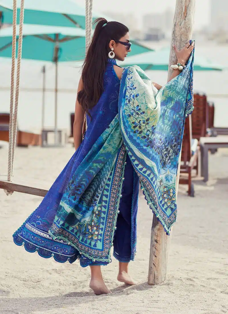 FTA | WES Luxury Lawn 25 | Unstitched | Deep Blue | Feastive Wear | Beryl Deep Blue | 3 pc set. - Image 4