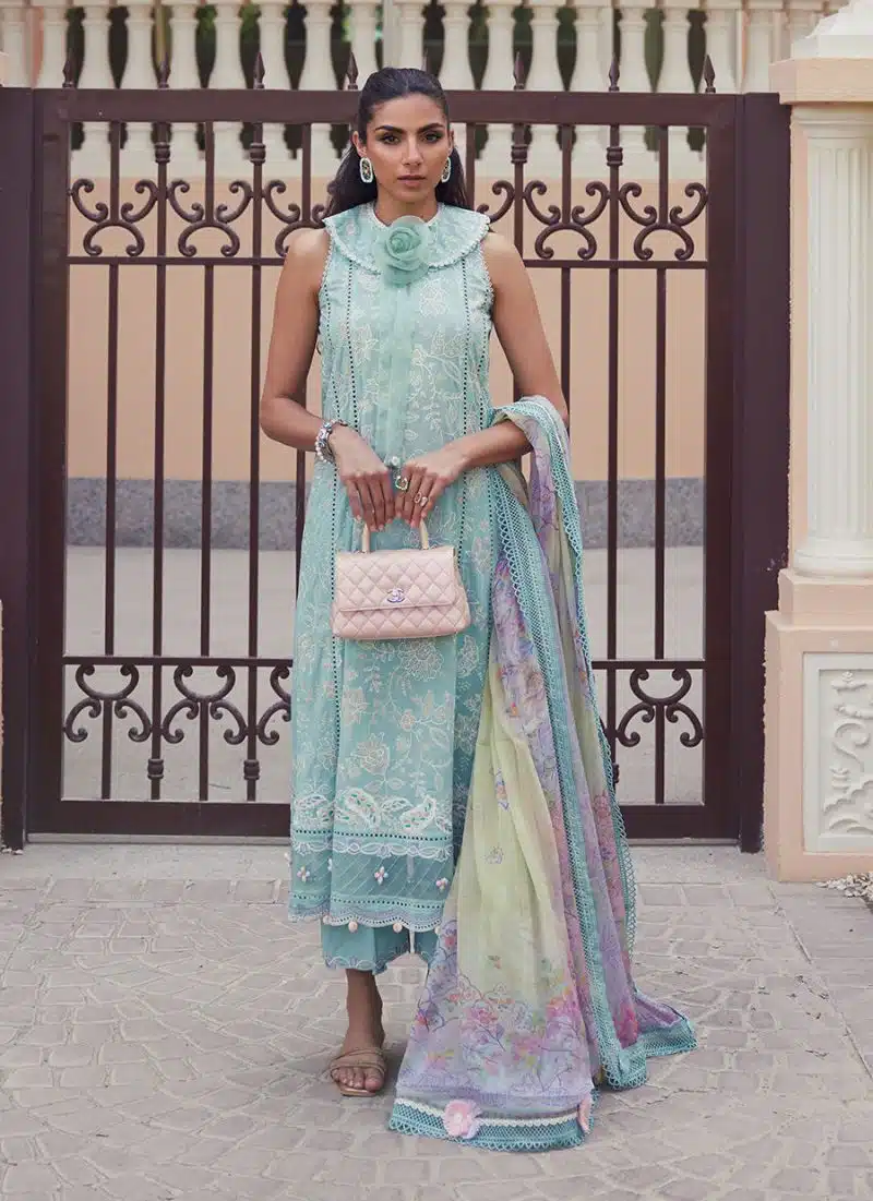FTA | WES Luxury Lawn 25 | Unstitched | Aqua | Feastive Wear | Alice Aqua | 3 pc set. - Image 2