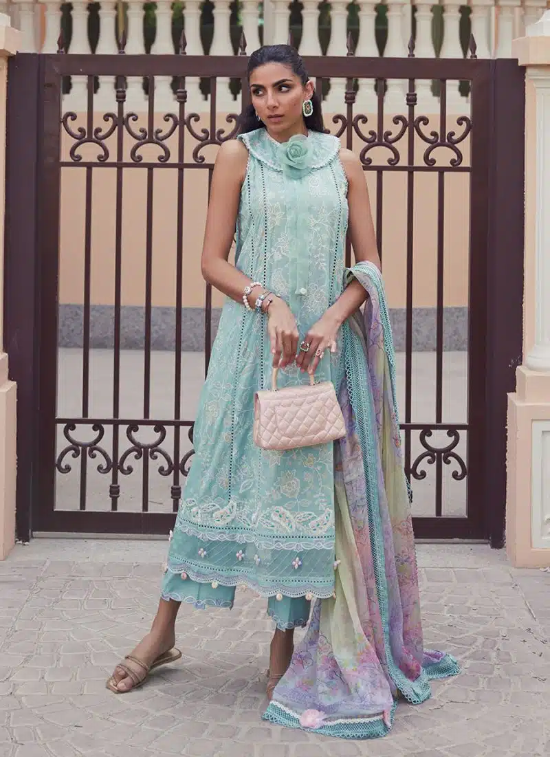 FTA | WES Luxury Lawn 25 | Unstitched | Aqua | Feastive Wear | Alice Aqua | 3 pc set. - Image 4