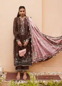 FTA | WES Luxury Lawn 25 | Unstitched | Brown | Feastive Wear | Lvella Lindtt | 3 pc set.