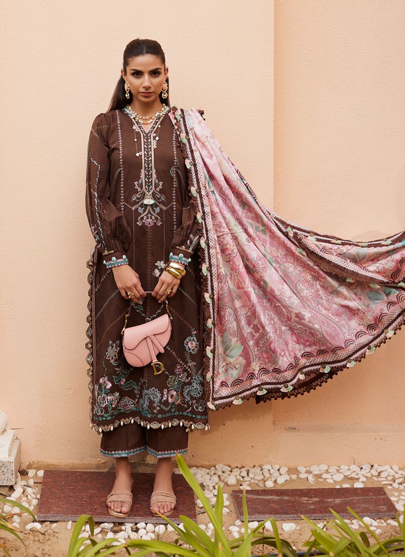 FTA | WES Luxury Lawn 25 | Unstitched | Brown | Feastive Wear | Lvella Lindtt | 3 pc set.