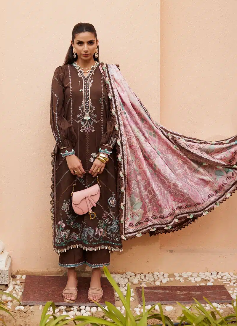 FTA | WES Luxury Lawn 25 | Unstitched | Brown | Feastive Wear | Lvella Lindtt | 3 pc set.