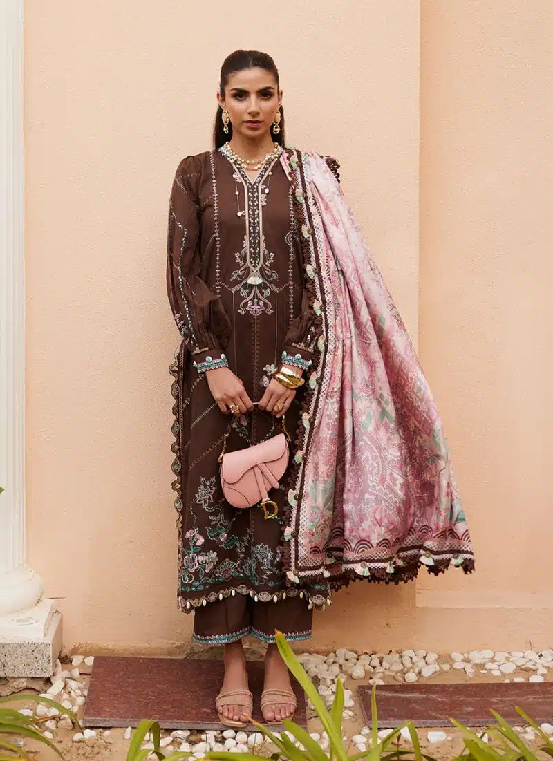 FTA | WES Luxury Lawn 25 | Unstitched | Brown | Feastive Wear | Lvella Lindtt | 3 pc set. - Image 3