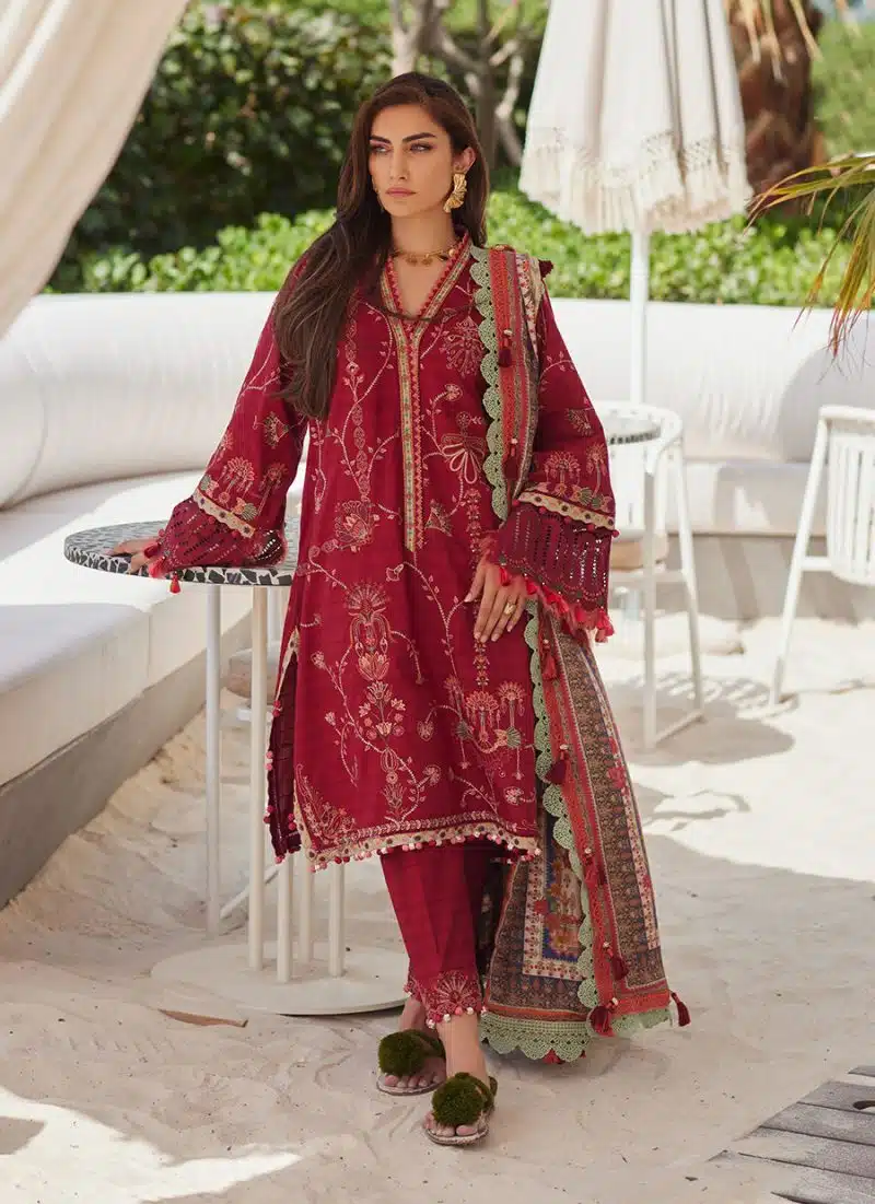 FTA | WES Luxury Lawn 25 | Unstitched | Red | Feastive Wear | Rosemary Red | 3 pc set. - Image 2