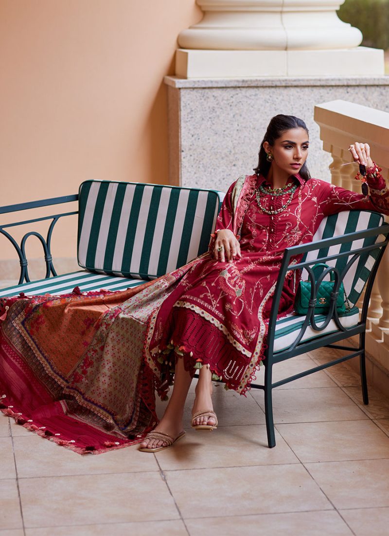 FTA | WES Luxury Lawn 25 | Unstitched | Red | Feastive Wear | Rosemary Red | 3 pc set. - Image 3