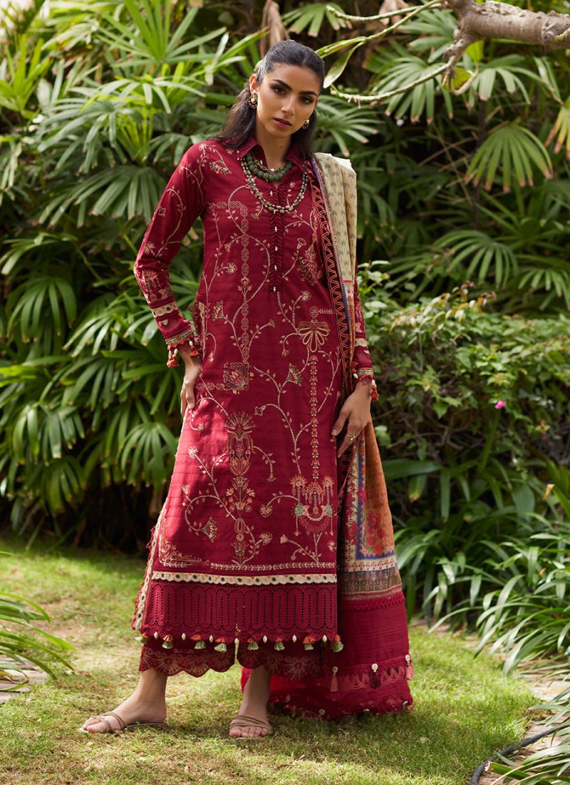 FTA | WES Luxury Lawn 25 | Unstitched | Red | Feastive Wear | Rosemary Red | 3 pc set. - Image 4