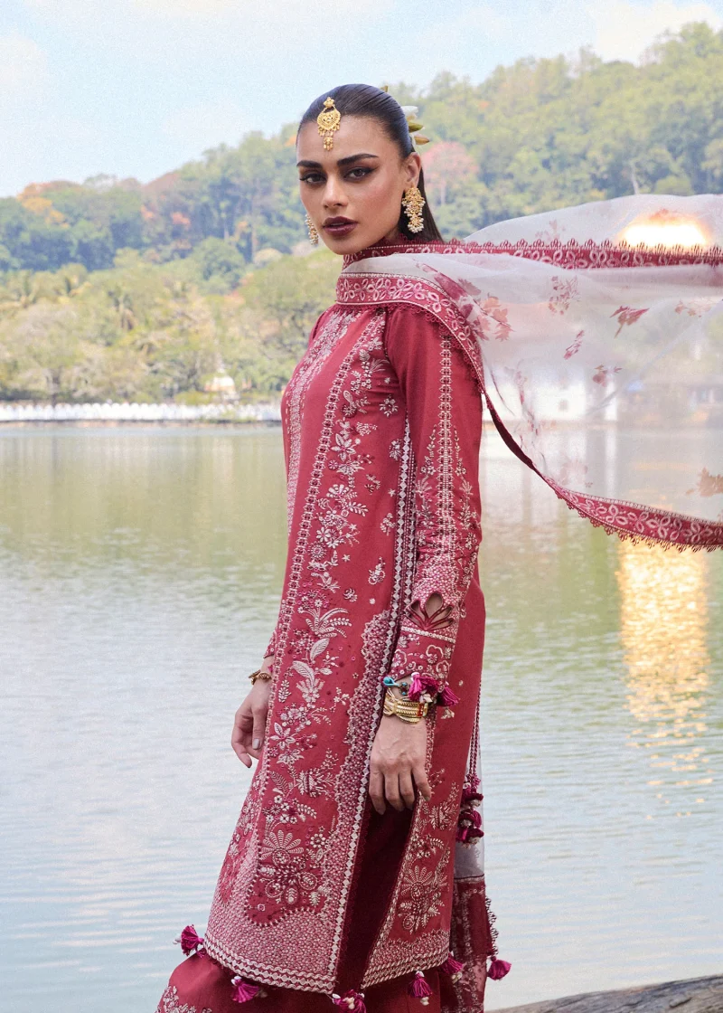 Hussain Rehar | luxury lawn25 | Dark Coral  | Unstitched | Festive wear | Flare | 3pc set. - Image 2