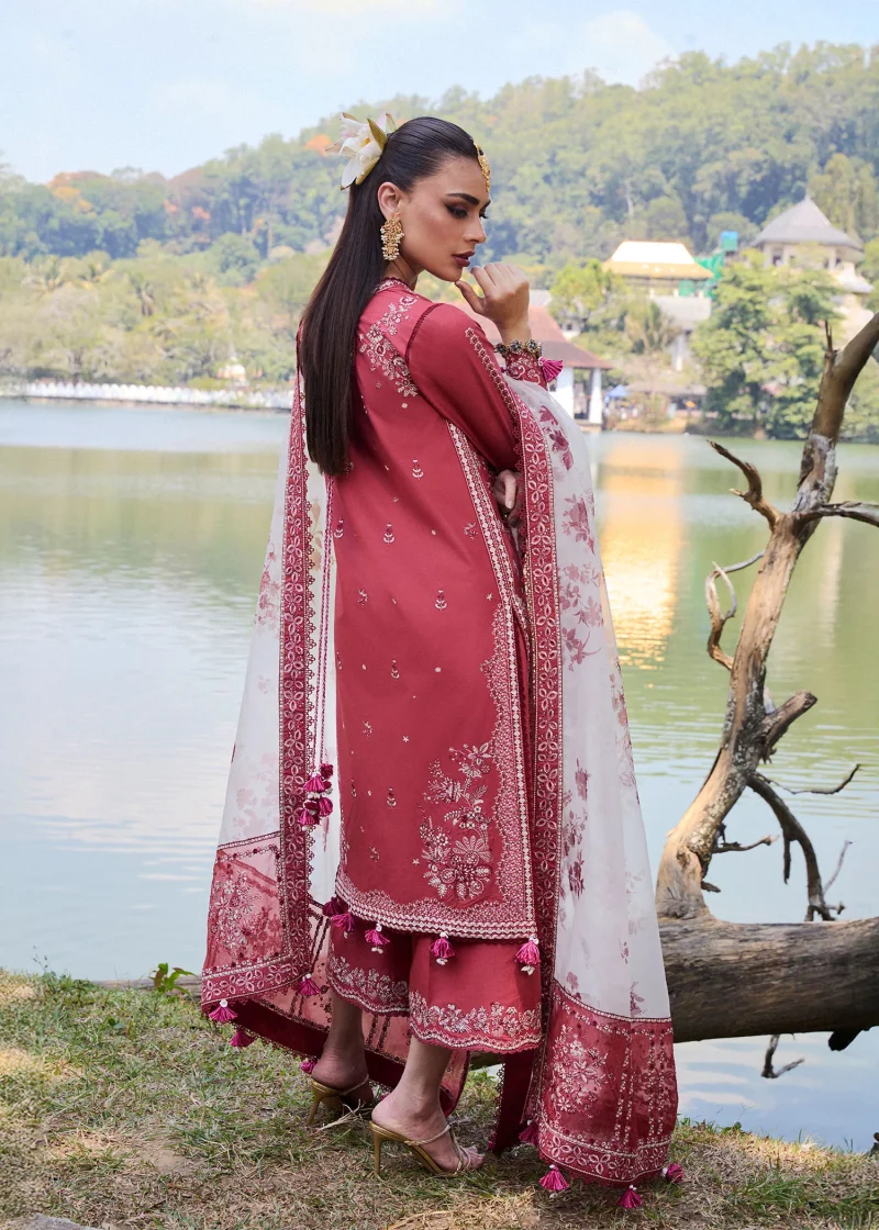 Hussain Rehar | luxury lawn25 | Dark Coral  | Unstitched | Festive wear | Flare | 3pc set. - Image 3