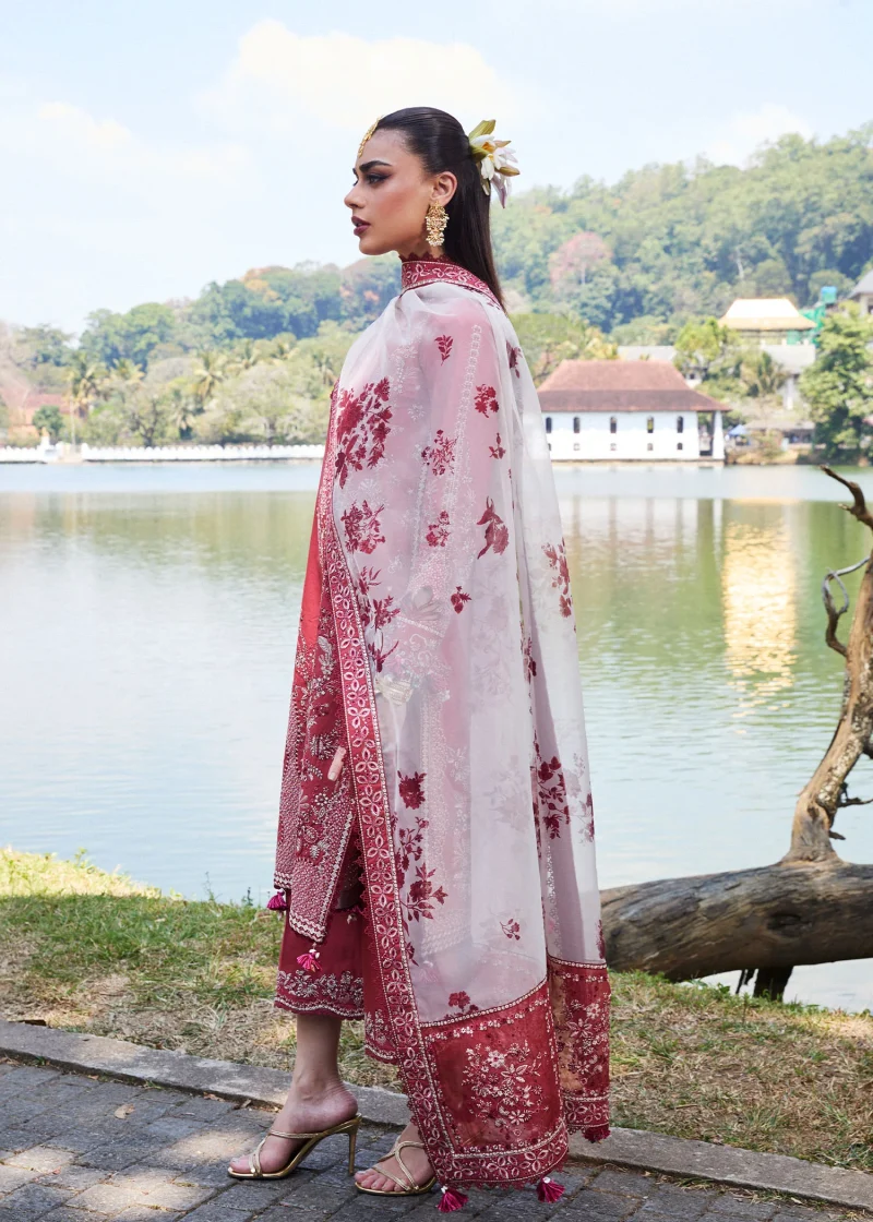 Hussain Rehar | luxury lawn25 | Dark Coral  | Unstitched | Festive wear | Flare | 3pc set. - Image 4