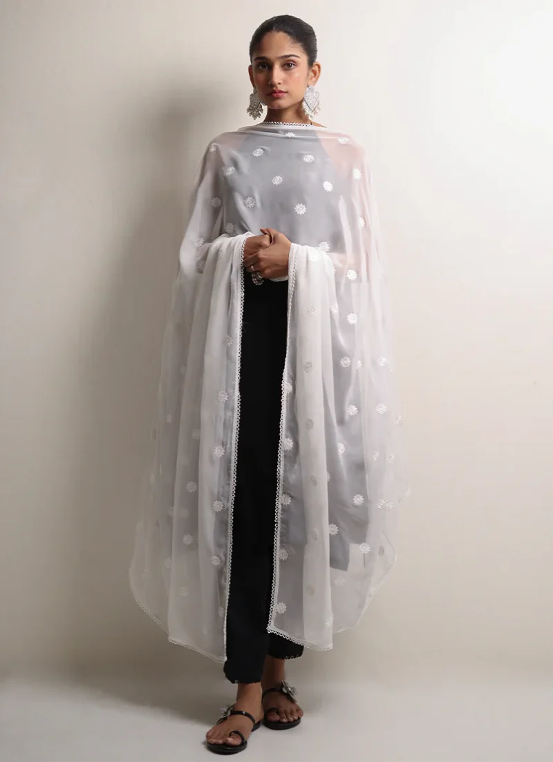 Image | Spring Pret '24 | Embroidered Lace Dupatta | Chiffon | White | 1 pc | IDCH-213326.