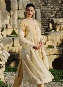 Image | Lawnkari 25 Collection | Yellow/Light Beige | Unstitched | Festive wear | Ebru- D2 | 3 pc set.