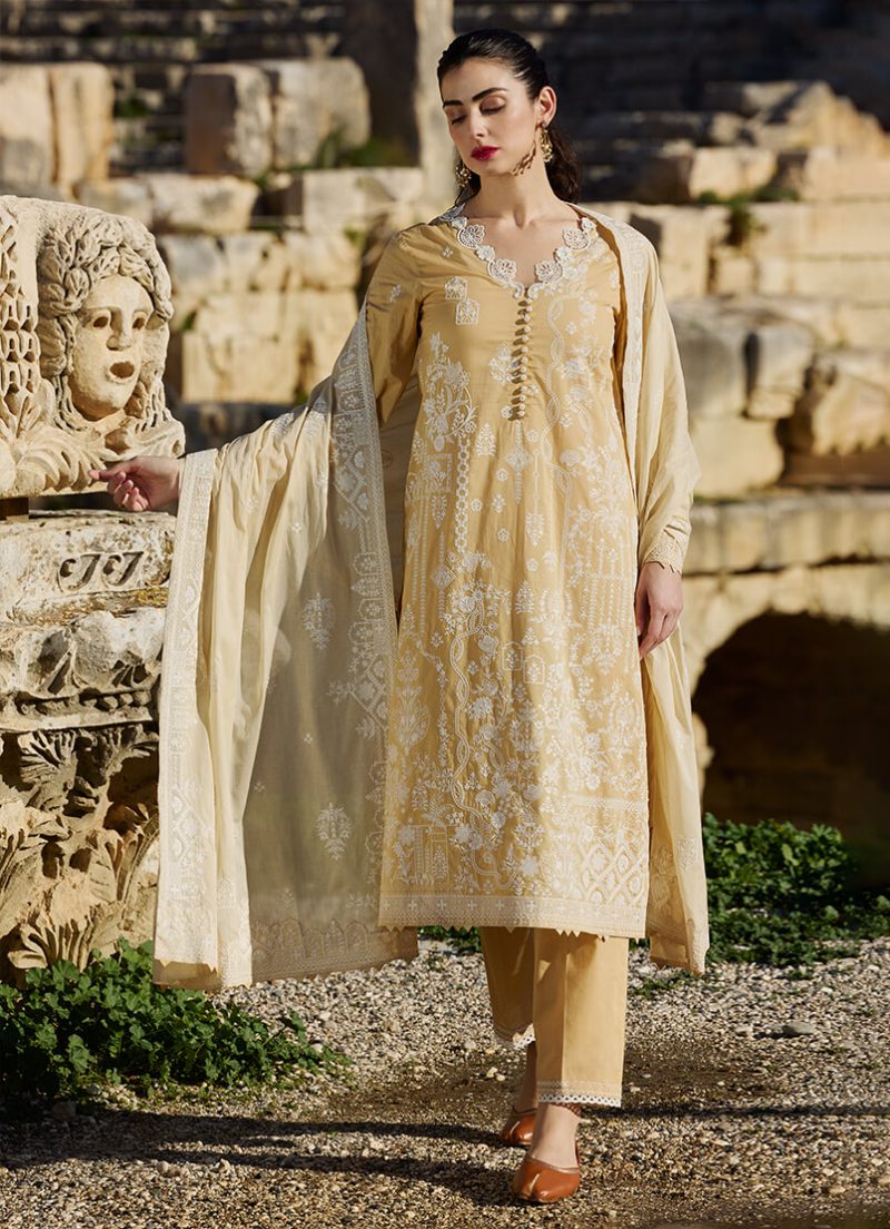 Image | Lawnkari 25 Collection | Yellow/Light Beige | Unstitched | Festive wear | Ebru- D2 | 3 pc set. - Image 2
