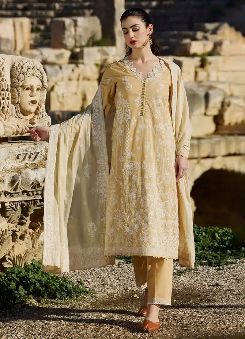 Image | Lawnkari 25 Collection | Yellow/Light Beige | Unstitched | Festive wear | Ebru- D2 | 3 pc set. - Image 2