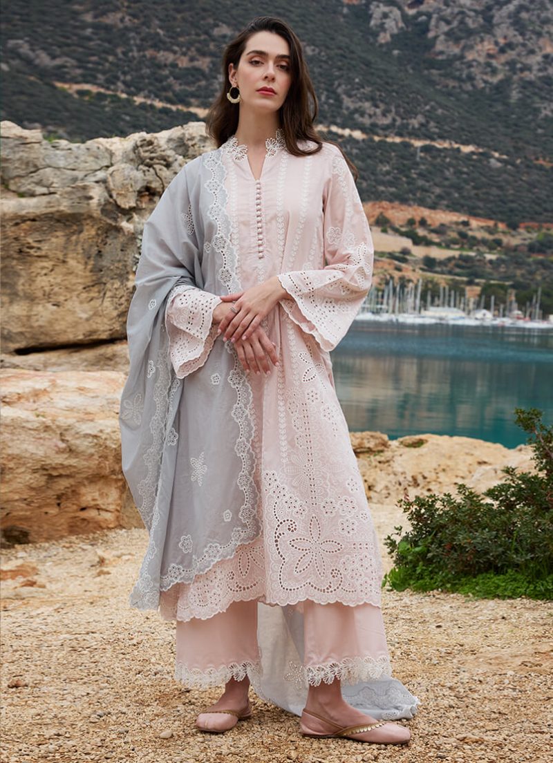 Image | Lawnkari 25 Collection | Pink/Steel Blue | Unstitched | Festive wear | Safa- D3 | 3 pc set.