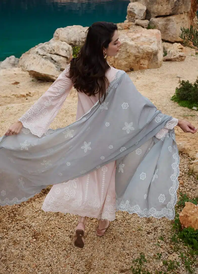 Image | Lawnkari 25 Collection | Pink/Steel Blue | Unstitched | Festive wear | Safa- D3 | 3 pc set. - Image 2