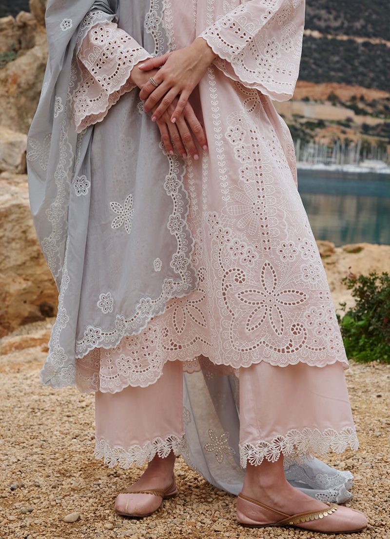 Image | Lawnkari 25 Collection | Pink/Steel Blue | Unstitched | Festive wear | Safa- D3 | 3 pc set. - Image 4