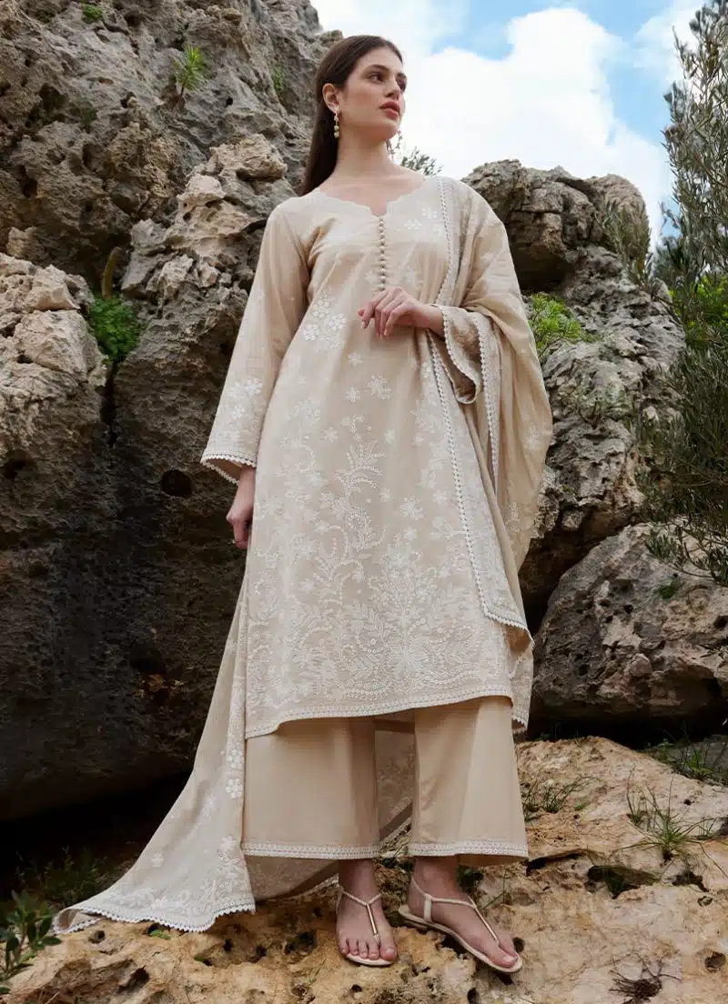 Image | Lawnkari 25 Collection | Beige | Unstitched | Festive wear | Asya- D6 | 3 pc set.