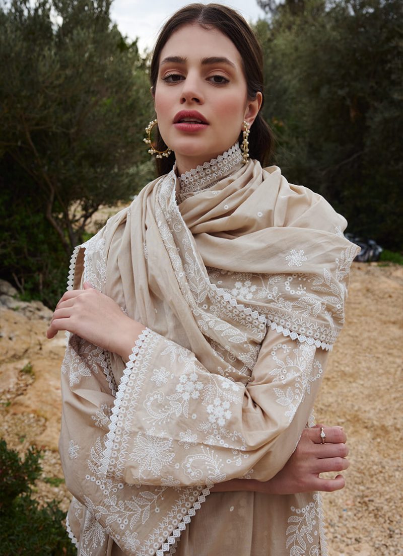 Image | Lawnkari 25 Collection | Beige | Unstitched | Festive wear | Asya- D6 | 3 pc set. - Image 2