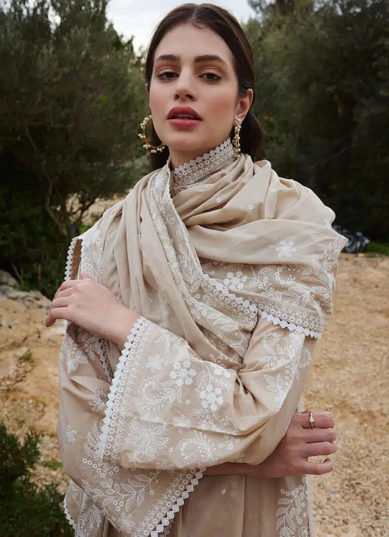 Image | Lawnkari 25 Collection | Beige | Unstitched | Festive wear | Asya- D6 | 3 pc set. - Image 2