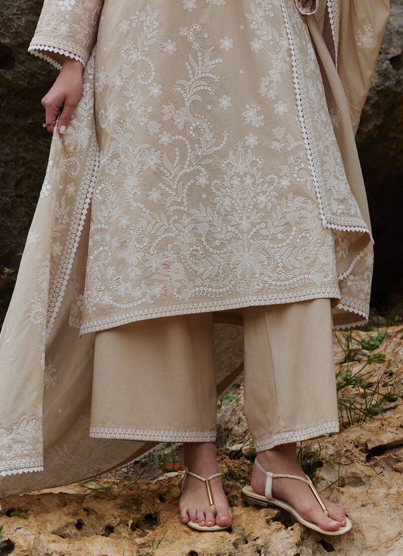 Image | Lawnkari 25 Collection | Beige | Unstitched | Festive wear | Asya- D6 | 3 pc set. - Image 3