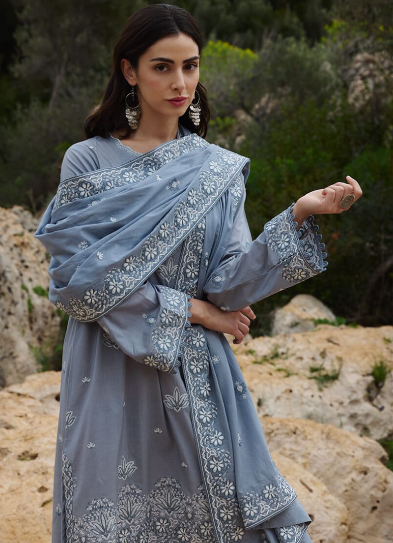 Image | Lawnkari 25 Collection | Grey | Unstitched | Festive wear | Defne- D7 | 3 pc set. - Image 2