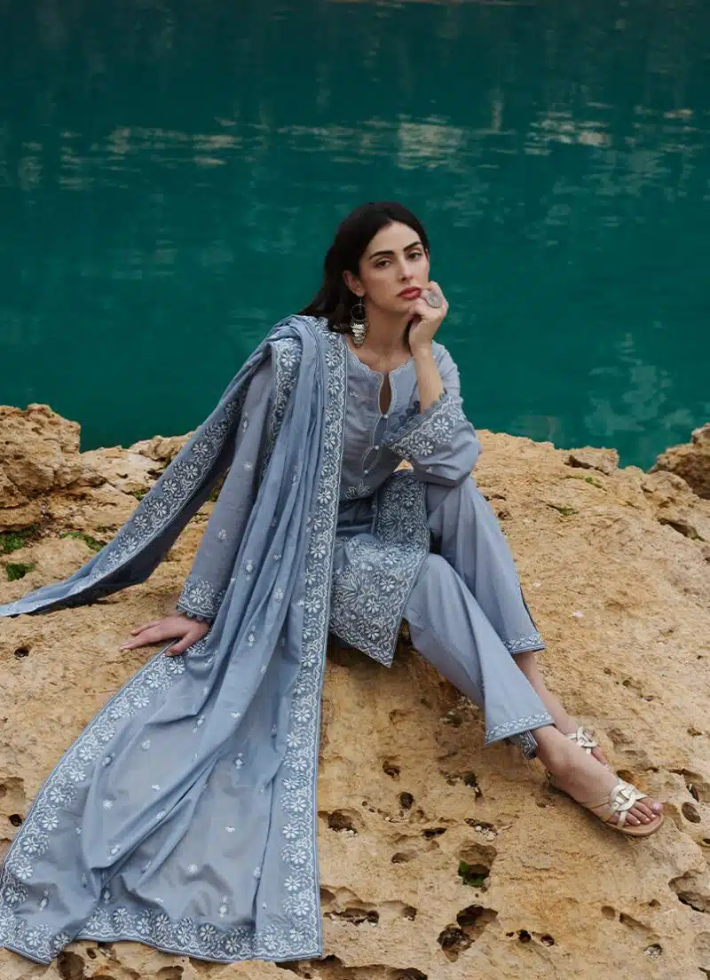 Image | Lawnkari 25 Collection | Grey | Unstitched | Festive wear | Defne- D7 | 3 pc set.