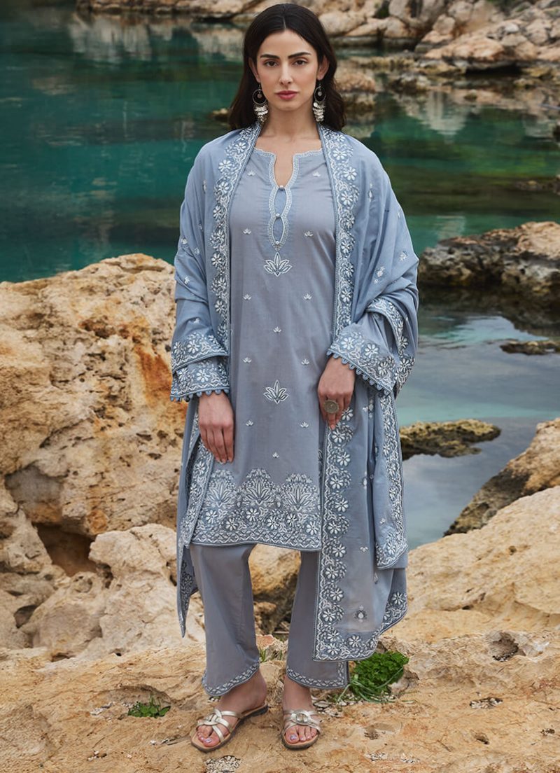 Image | Lawnkari 25 Collection | Grey | Unstitched | Festive wear | Defne- D7 | 3 pc set. - Image 3