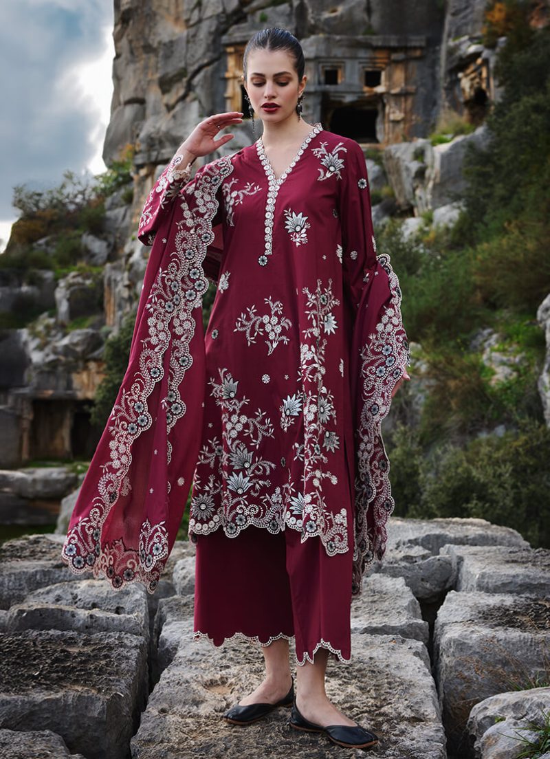 Image | Lawnkari 25 Collection | Red | Unstitched | Festive wear | Lilia- D10 | 3 pc set.