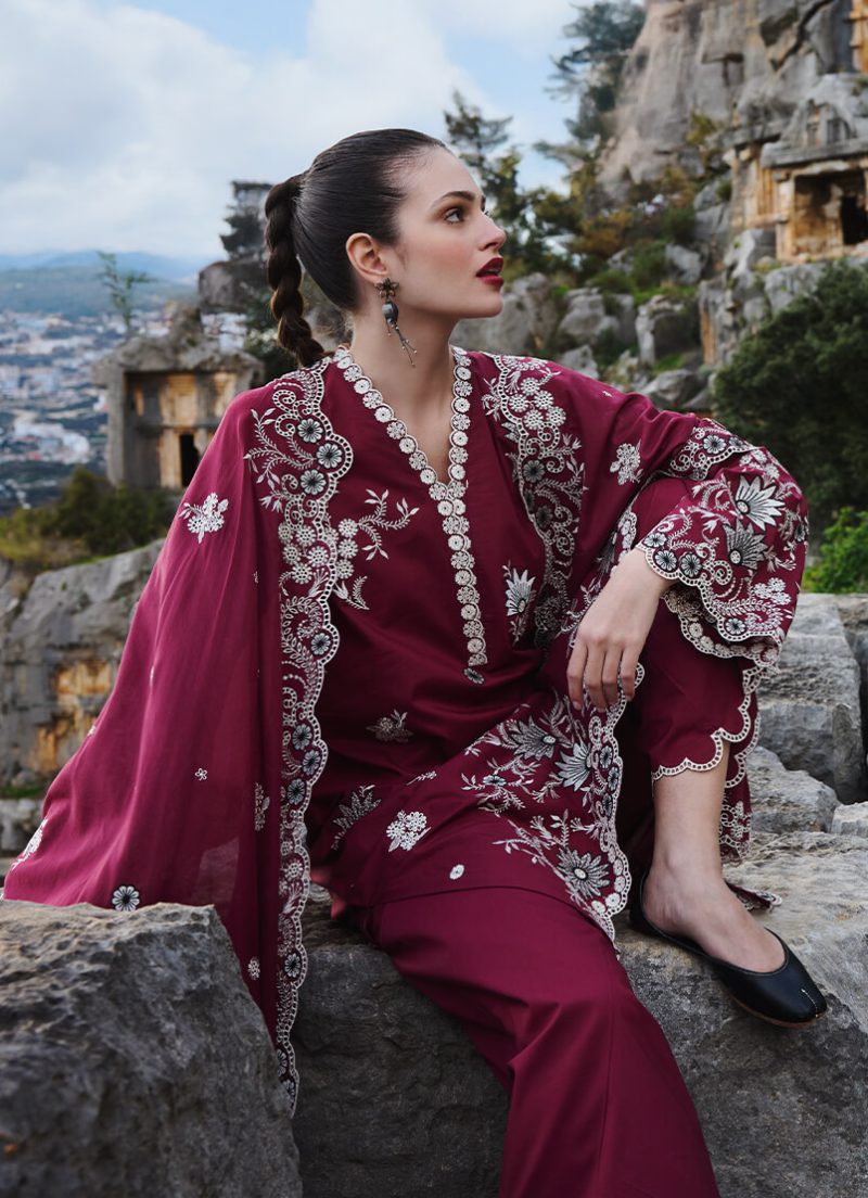 Image | Lawnkari 25 Collection | Red | Unstitched | Festive wear | Lilia- D10 | 3 pc set. - Image 2