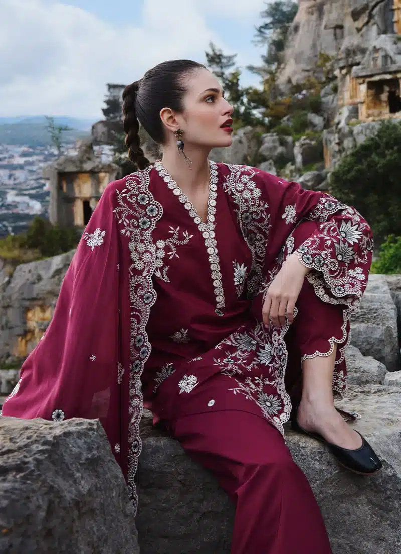 Image | Lawnkari 25 Collection | Red | Unstitched | Festive wear | Lilia- D10 | 3 pc set. - Image 2